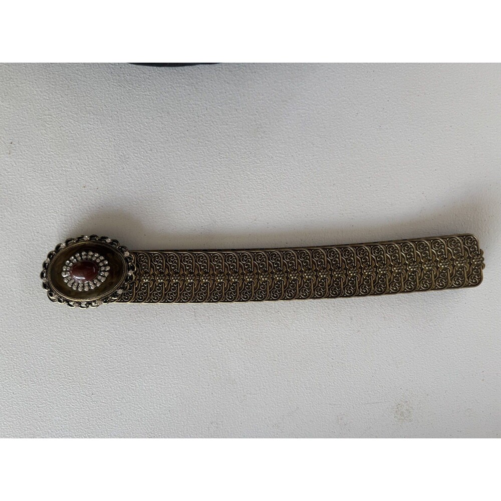 Vintage Ornate Metal Tile Stretch Belt Antiqued Brass Gold Medallion Boho